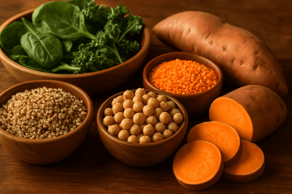 Assorted healthy filling foods like quinoa, chickpeas, lentils, sweet potatoes, and leafy greens arranged in wooden bowls on a warm-toned table.