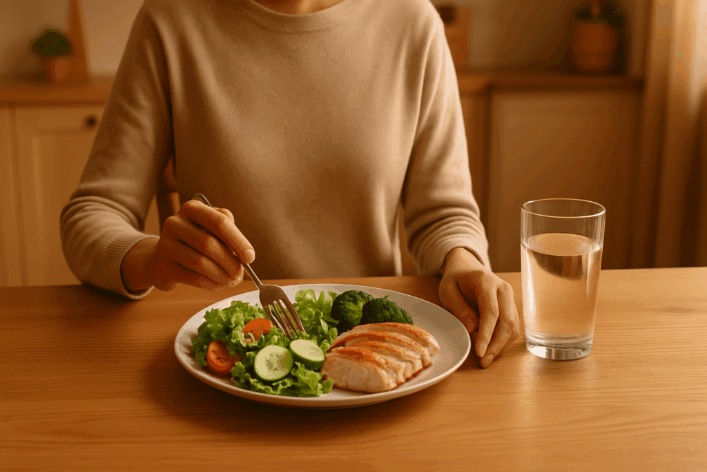 Person eating healthy filling foods like salad and grilled chicken at a calm kitchen table with a glass of water