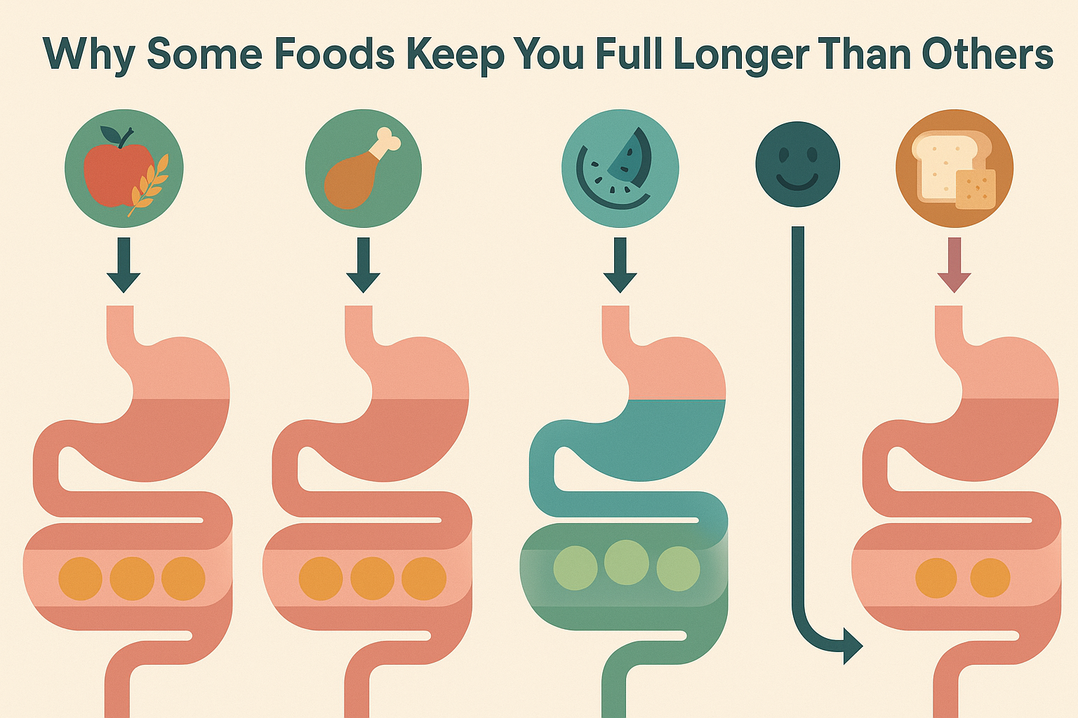 Diagram comparing digestion and satiety effects of healthy filling foods like fiber, protein, water-rich meals, and processed carbs