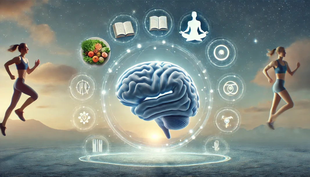 Glowing brain surrounded by icons of exercise, food, learning, and meditation representing how to stop cognitive decline