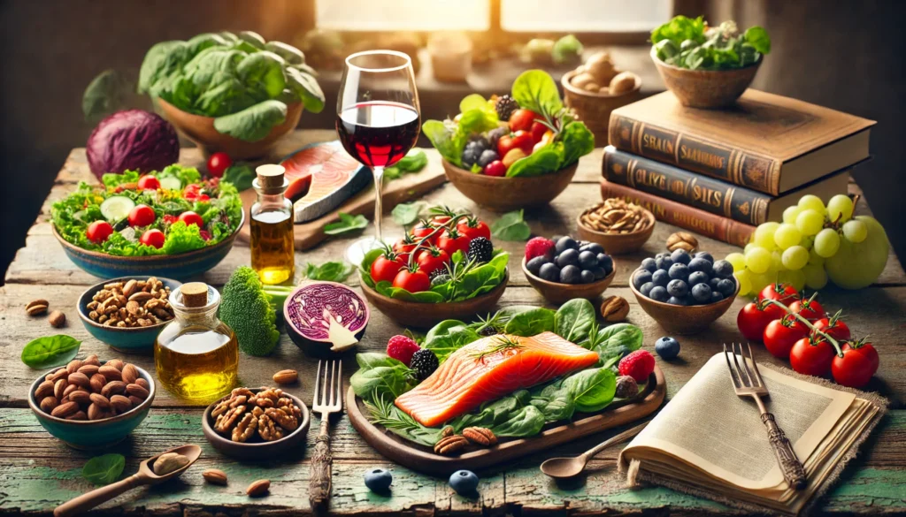 Mediterranean meal with brain-healthy foods like fish, nuts, and berries showing how to stop cognitive decline through diet