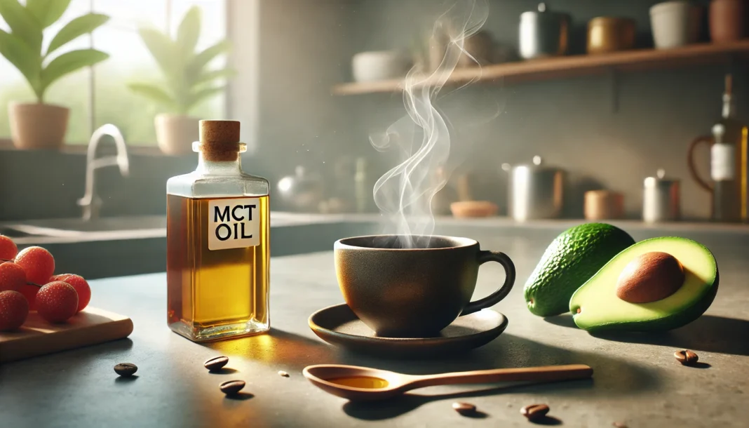 Fresh black coffee next to MCT oil bottle on sunlit counter representing how to use MCT oil in coffee