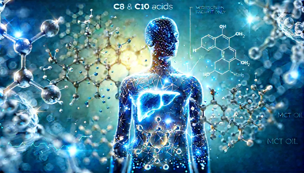 Digital molecular structure of C8 and C10 MCTs showing how to use MCT oil in coffee for metabolism