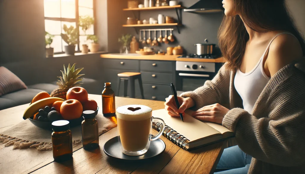 Peaceful morning with frothy coffee and journal, showing daily routine for how to use MCT oil in coffee
