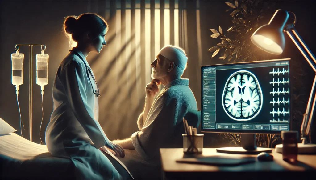 Doctor and patient reviewing early brain scan to detect cognitive issues using symptom checker data.