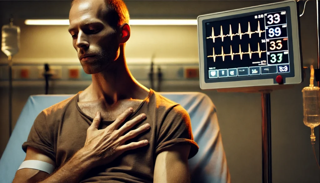 Fatigued man with visible weight loss and high heart rate illustrating classic hypermetabolism symptoms in a clinical setting