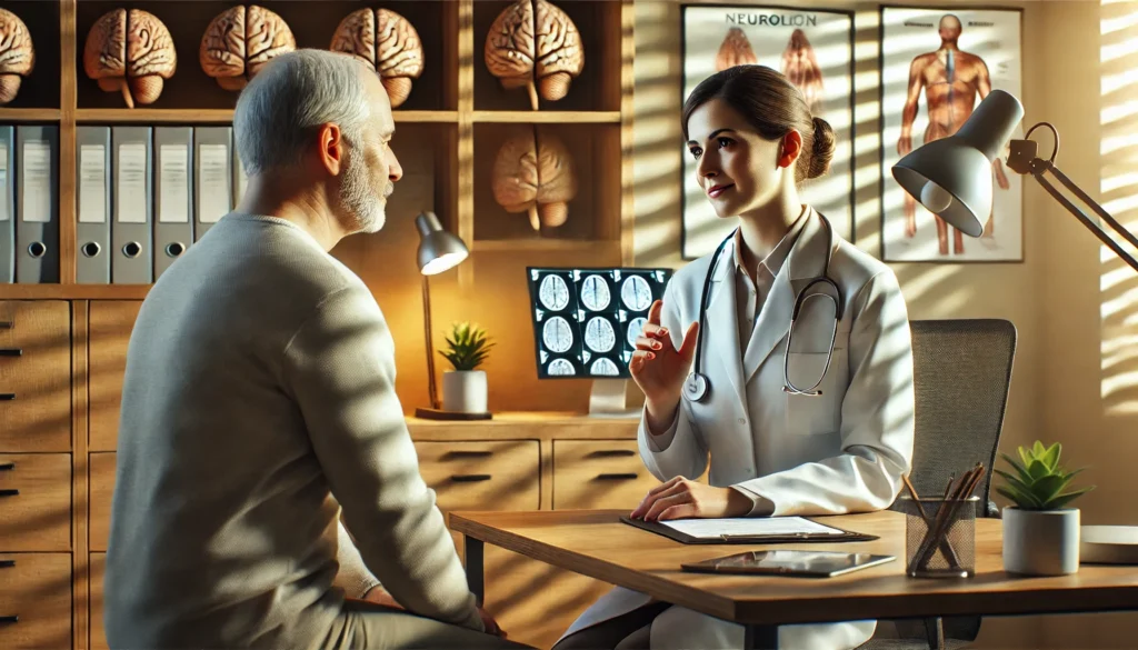 Compassionate patient-doctor discussion reviewing brain scan to support action after feeling something is wrong with the brain