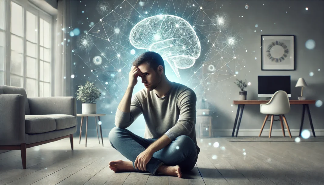 Person holding head with confusion and brain imagery overlays, capturing the emotion of “I feel like something is wrong with my brain”