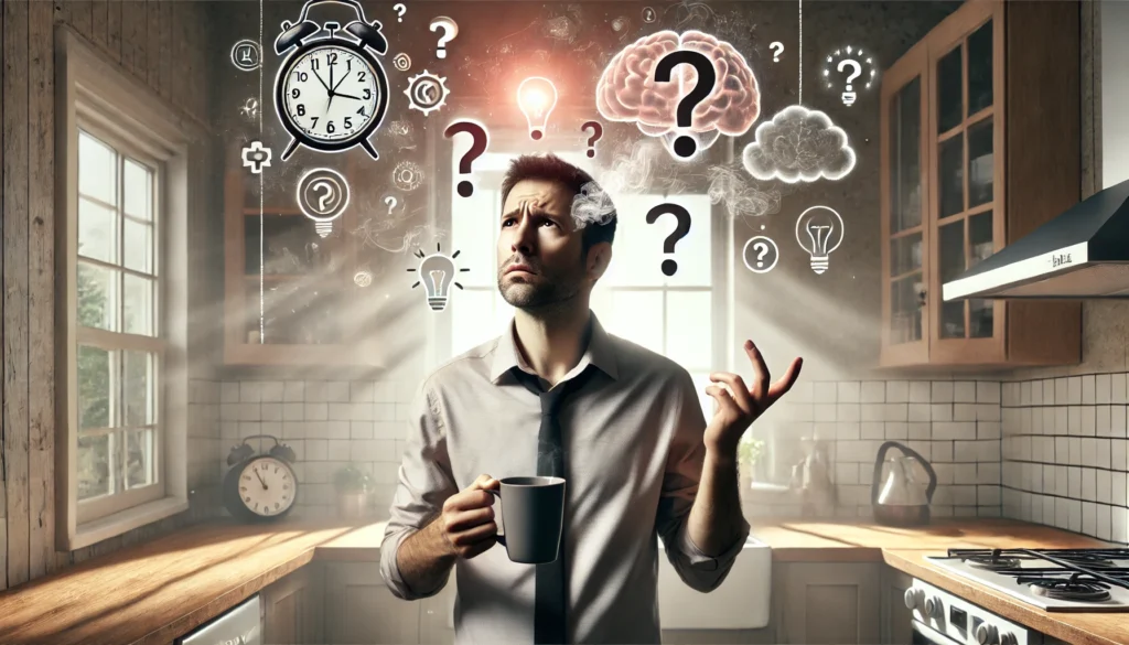Confused adult in home setting facing early memory lapses and brain fog symptoms associated with “I feel like something is wrong with my brain