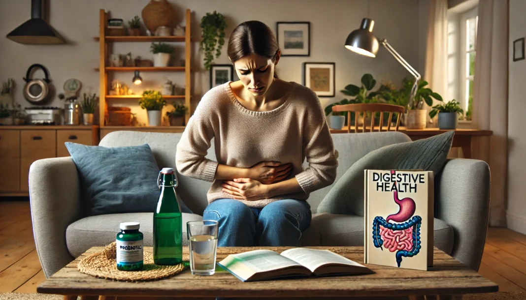 Person experiencing IBS-C symptoms at home holding stomach with digestive health aids nearby