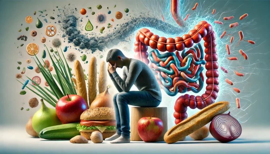 Visual blend of stress, high-FODMAP foods, and microbiome imbalance causing IBS-C