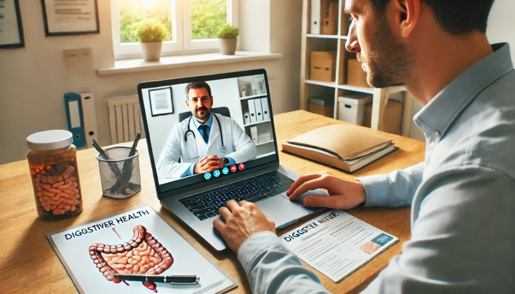Person consulting online with a gastroenterologist about IBS-C diagnosis and treatment