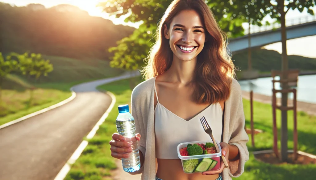 Healthy person walking outdoors with water and light food after managing IBS-C symptoms