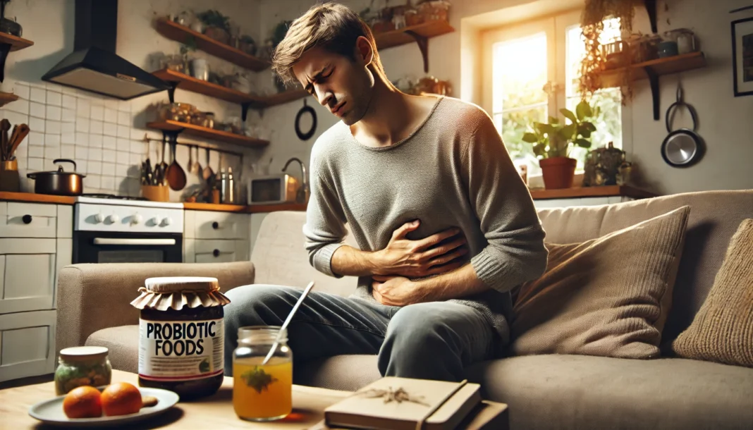 Adult managing IBS and gas with visible discomfort while surrounded by digestive wellness tools