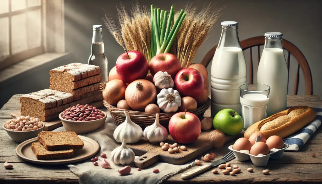 Common high-FODMAP foods that trigger IBS symptoms, arranged on a wooden table