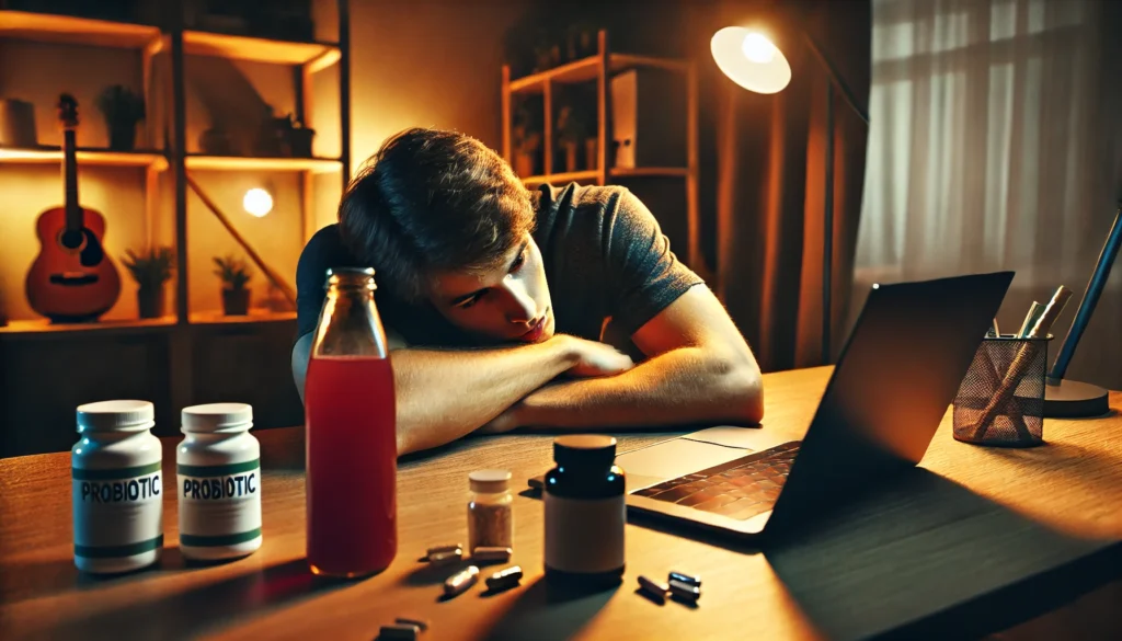 Person resting at a desk showing visible signs of IBS fatigue with supplements and a drink nearby