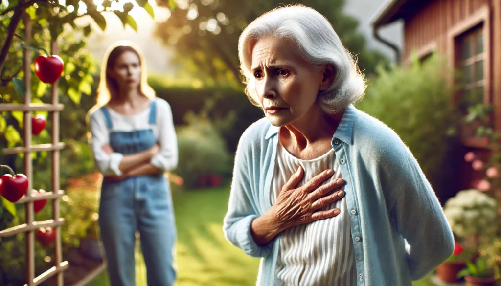 Concerned older woman showing anxiety outdoors, observed by caregiver as signs of dementia fear symptoms