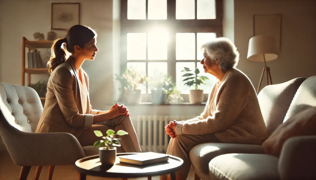 Older adult woman in therapy discussing treatment for anxiety linked to dementia risk