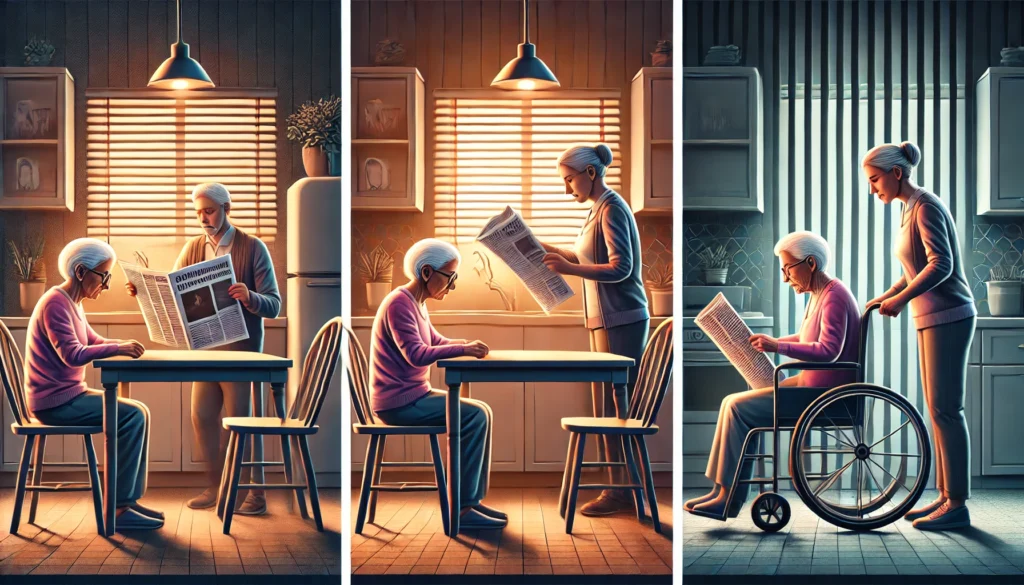 Three-phase visual showing dementia progression in elderly woman, reflecting stages beyond MCI