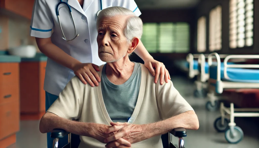 Elderly man with blank expression in care home showing signs of severe dementia beyond MCI