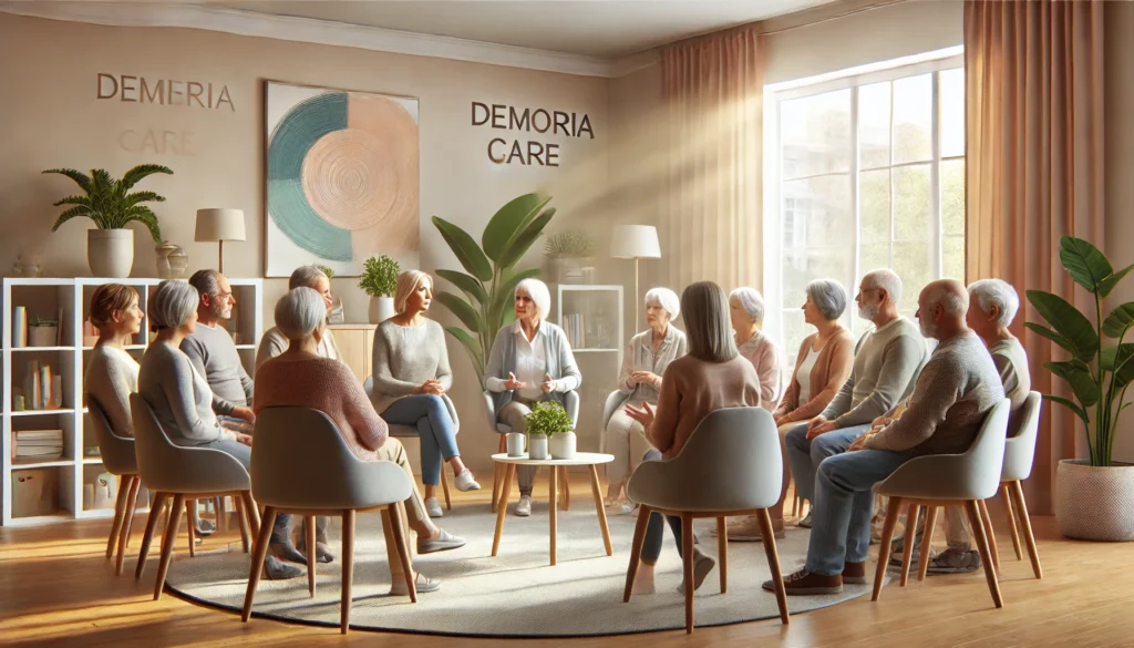 Dementia support group with seniors and caregivers discussing treatment after MCI diagnosis