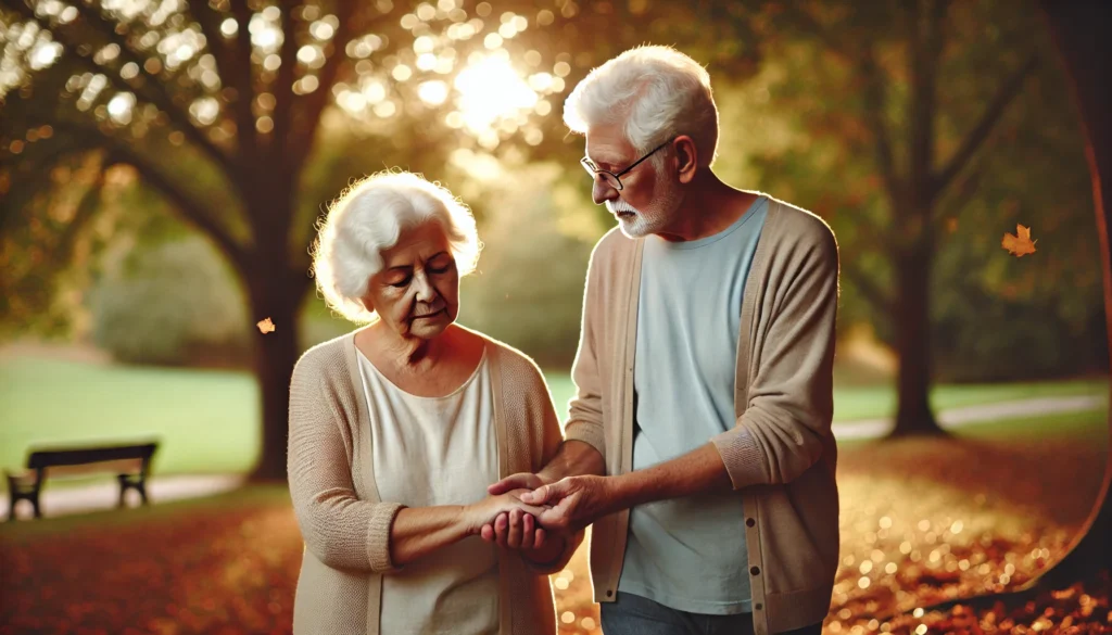 Elderly couple walking in park at sunset, reflecting support and compassion for those facing end stage dementia after MCI