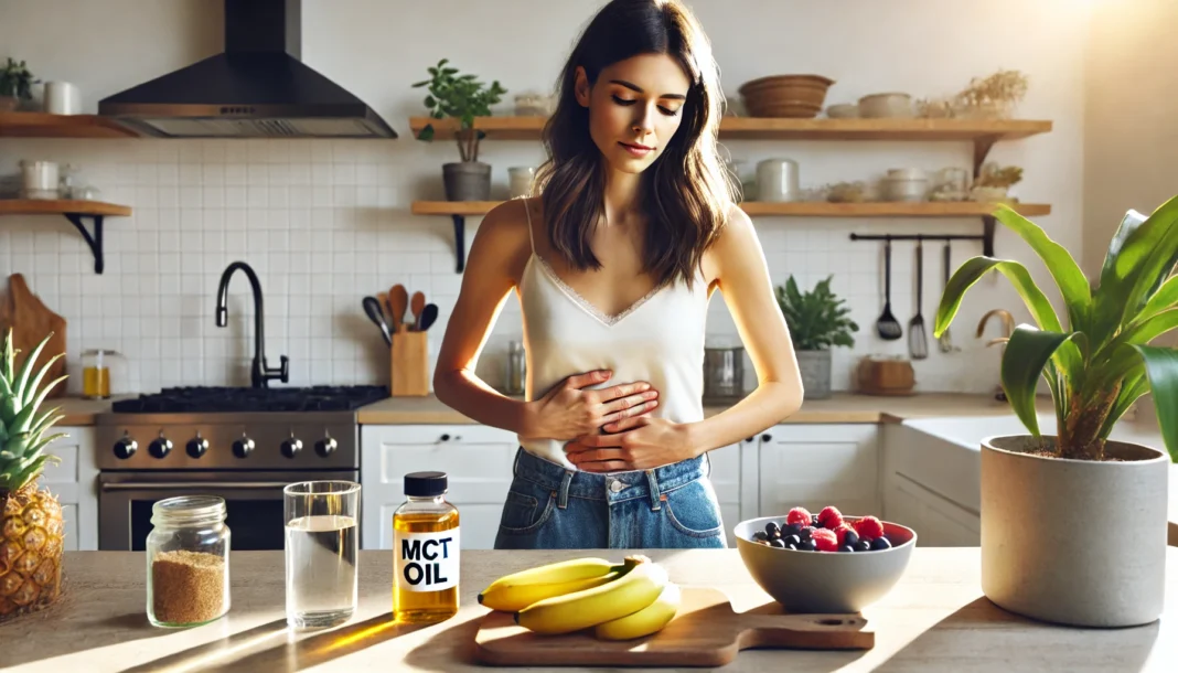 Woman holding stomach in kitchen with MCT oil and fruit, reflecting question “is mct oil good for constipation”