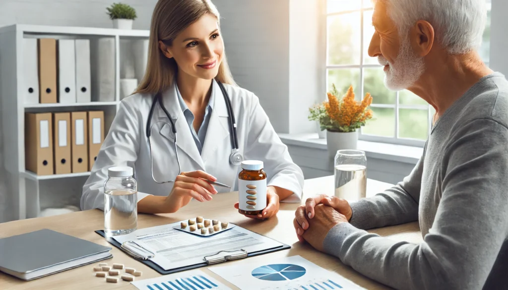 Elderly woman consulting dietitian about supplement safety, representing cautious use of MCT oil in “is mct oil good for constipation” scenarios