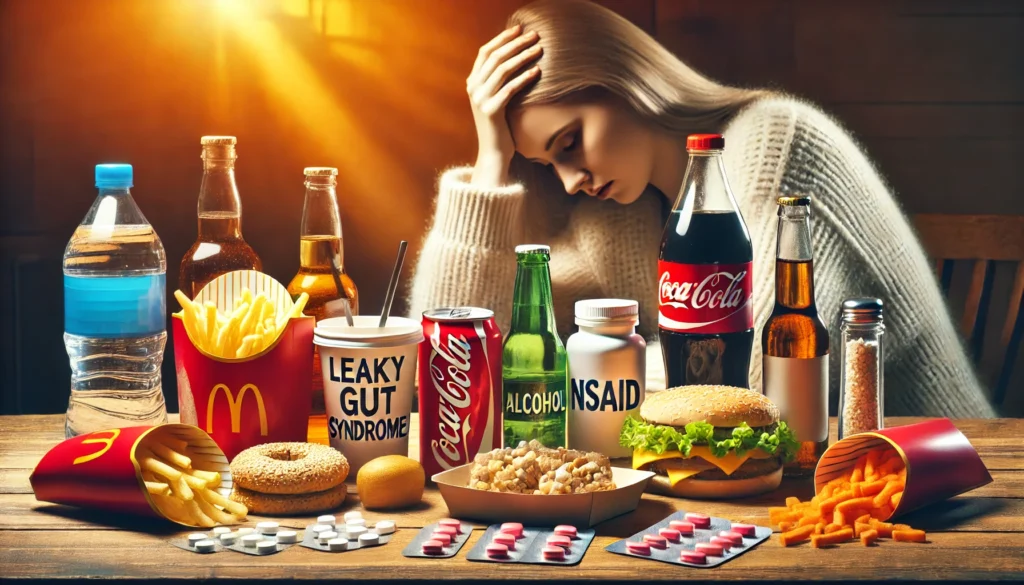 Triggers for leaky gut including processed foods, medications, stress, and alcohol shown in lifestyle imagery