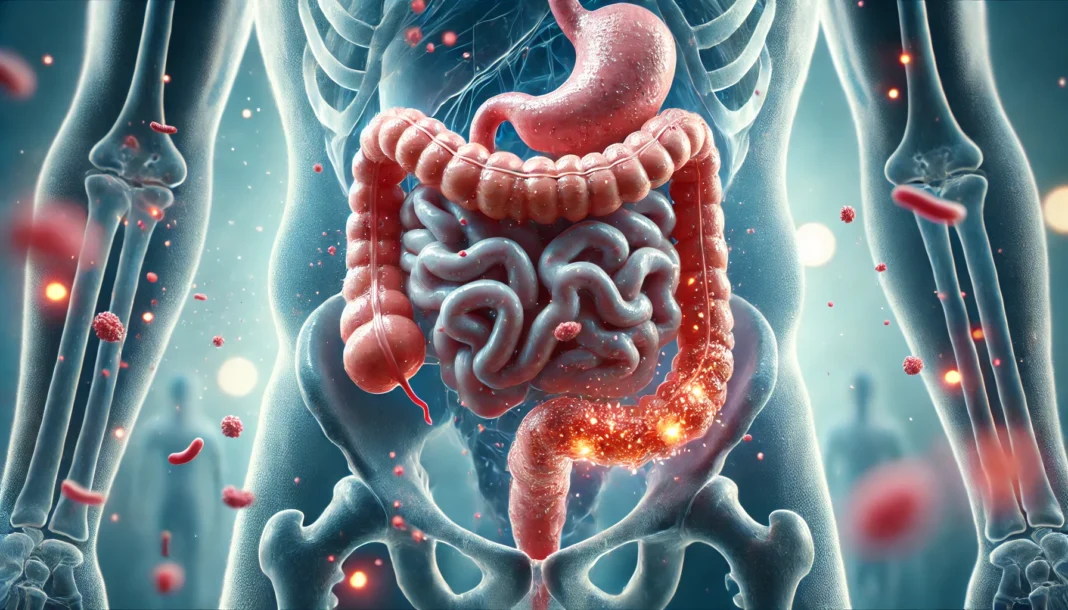Conceptual medical illustration of leaky gut symptoms showing inflamed intestinal lining and barrier breakdown