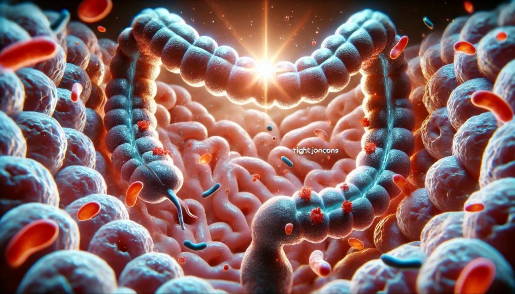 Intestinal barrier permeability with cells separating and toxins escaping in leaky gut syndrome