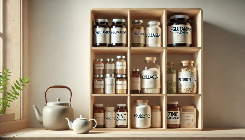 Natural leaky gut supplements including glutamine, collagen, and probiotics displayed neatly on shelf