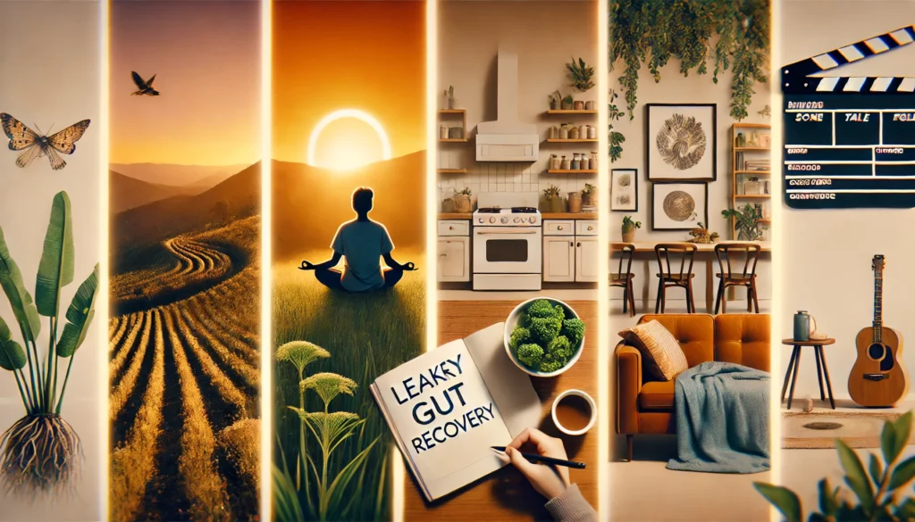Healing leaky gut over time with clean eating, yoga, journaling, and restful sleep shown in lifestyle timeline