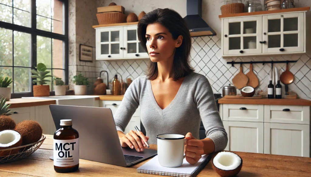 Focused adult woman using MCT oil for ADHD support and cognitive performance
