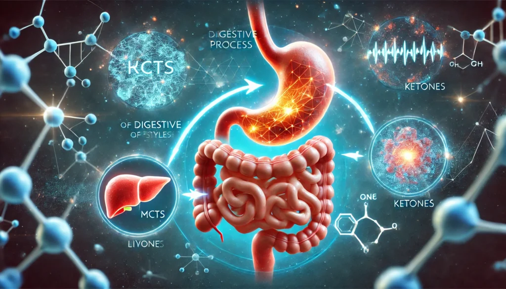 Diagram-style visual showing how MCTs are metabolized into ketones in the liver for weight loss