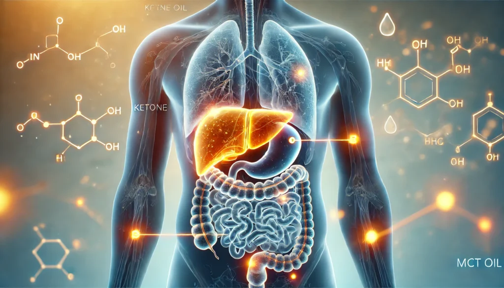 Metabolic illustration showing MCT oil conversion to ketones in the liver
