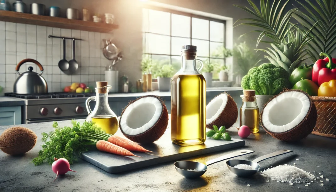 Clean kitchen scene with coconut and vegetables showcasing natural mct oil ingredients