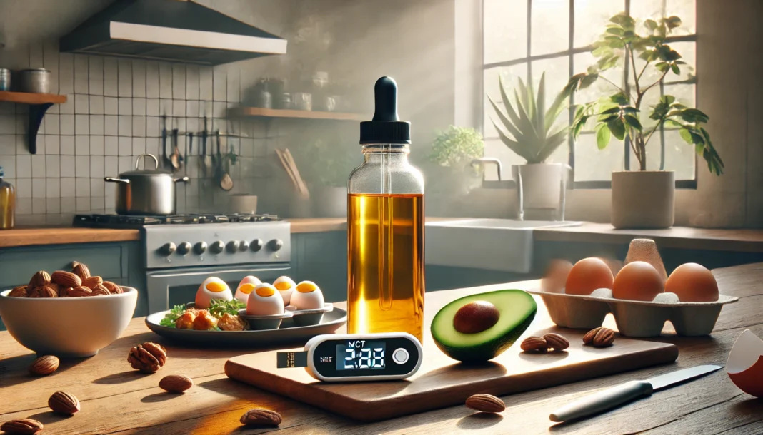 Clean kitchen setup with MCT oil bottle, keto foods, and ketone meter symbolizing MCT oil and ketosis lifestyle