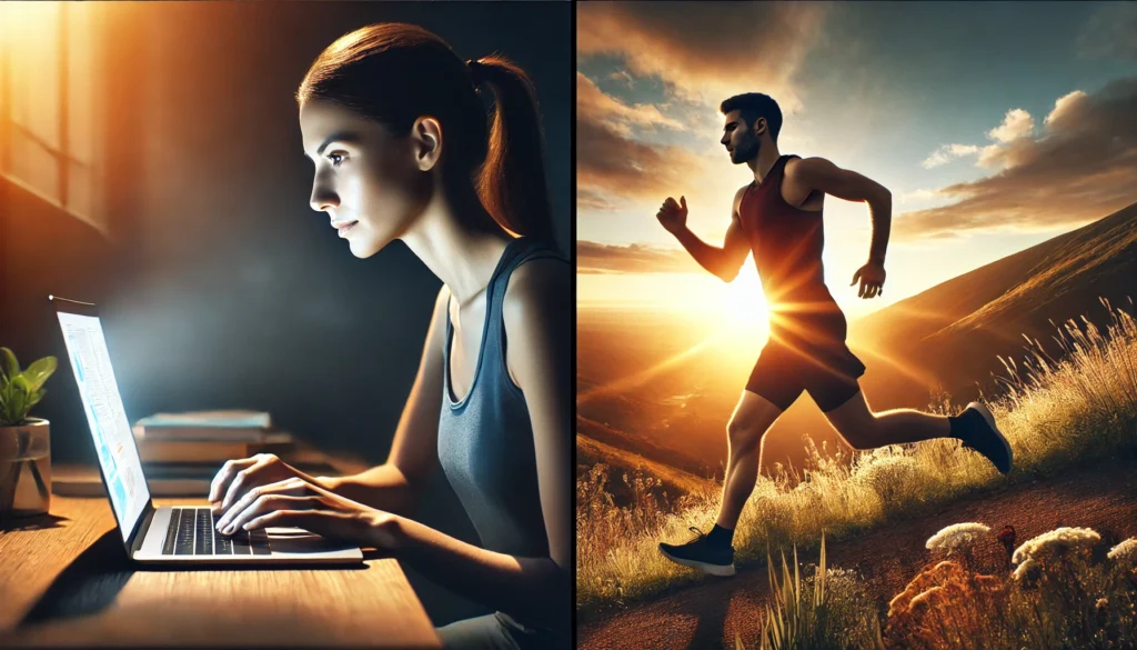 Split view of a focused woman and an athlete in action, reflecting the mental and physical energy from MCT oil and ketosis