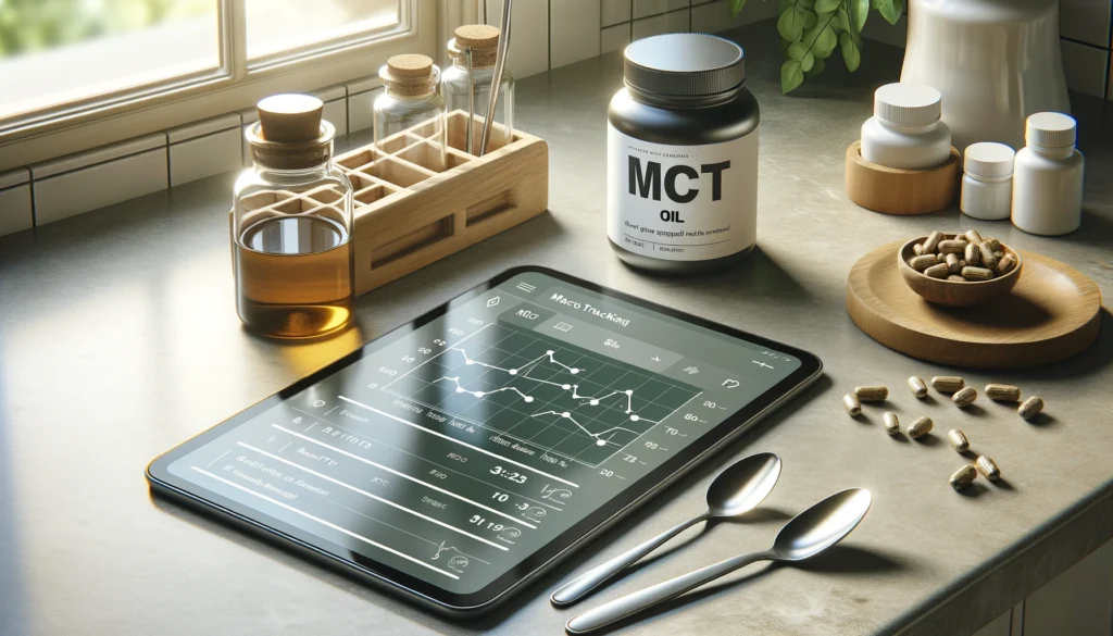 Teaspoon and tablespoon of MCT oil displayed with supplement planner, representing daily use of MCT oil and ketosis support