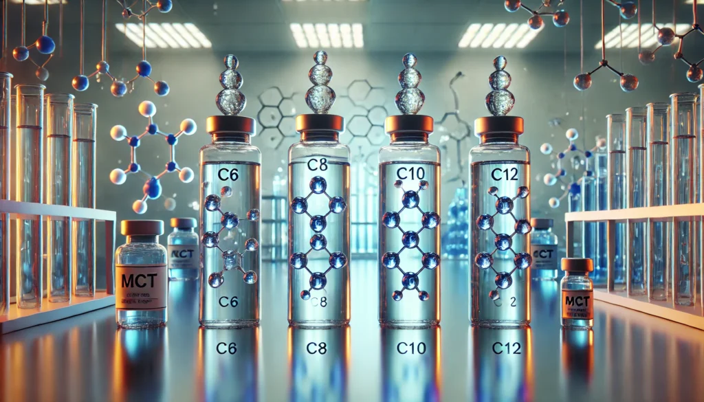 Visual display of different MCT chains emphasizing C8 and C10 for their high ketogenic value in MCT oil and ketosis