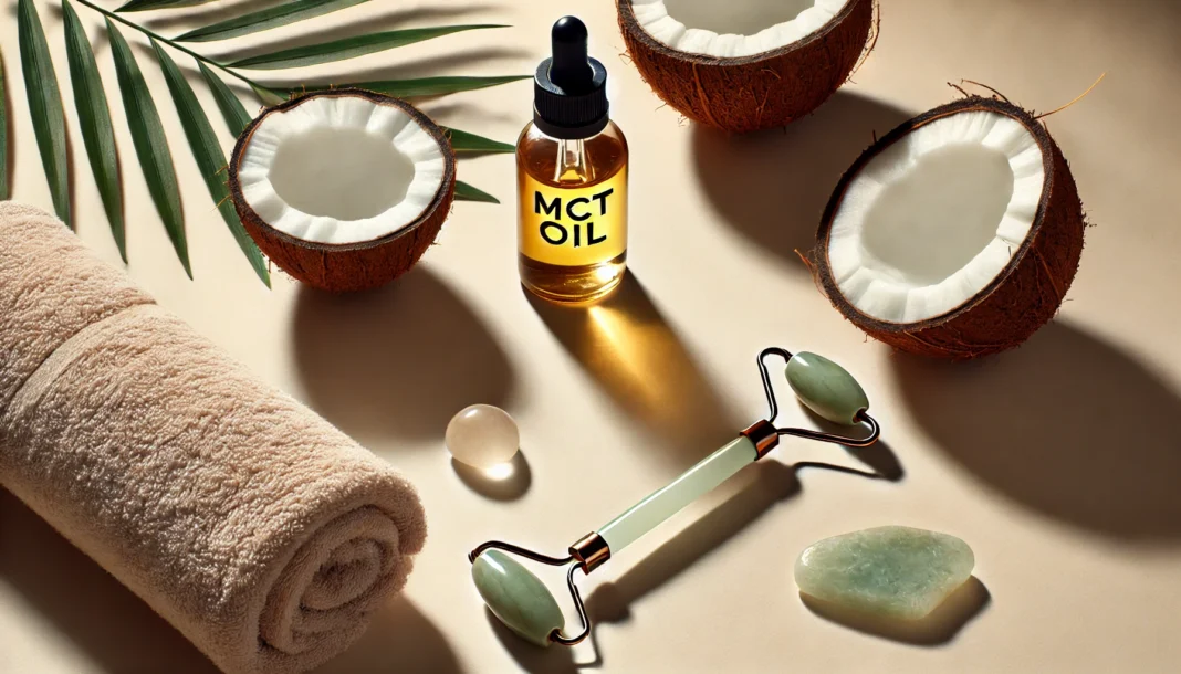 MCT oil skincare setup with coconut, jade roller, and natural beauty elements, emphasizing MCT oil for skin use