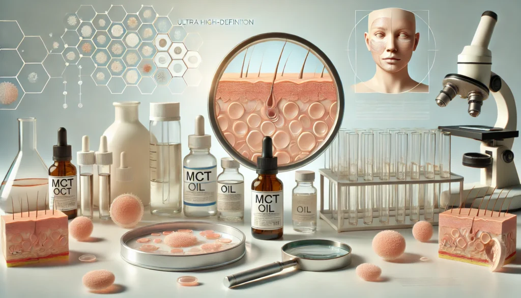 Dermatology research setup showing MCT oil and skin cell analysis, highlighting benefits of MCT oil for skin health