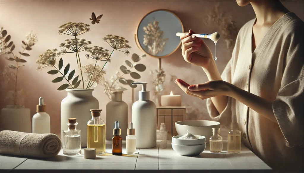 Woman massaging MCT oil into her skin in a serene skincare setting, concluding benefits of MCT oil for skin