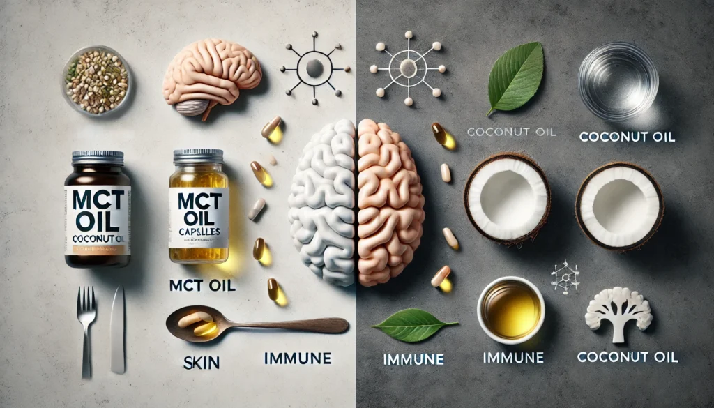 Comparison of MCT oil and coconut oil with visual emphasis on metabolic vs antioxidant nutritional benefits