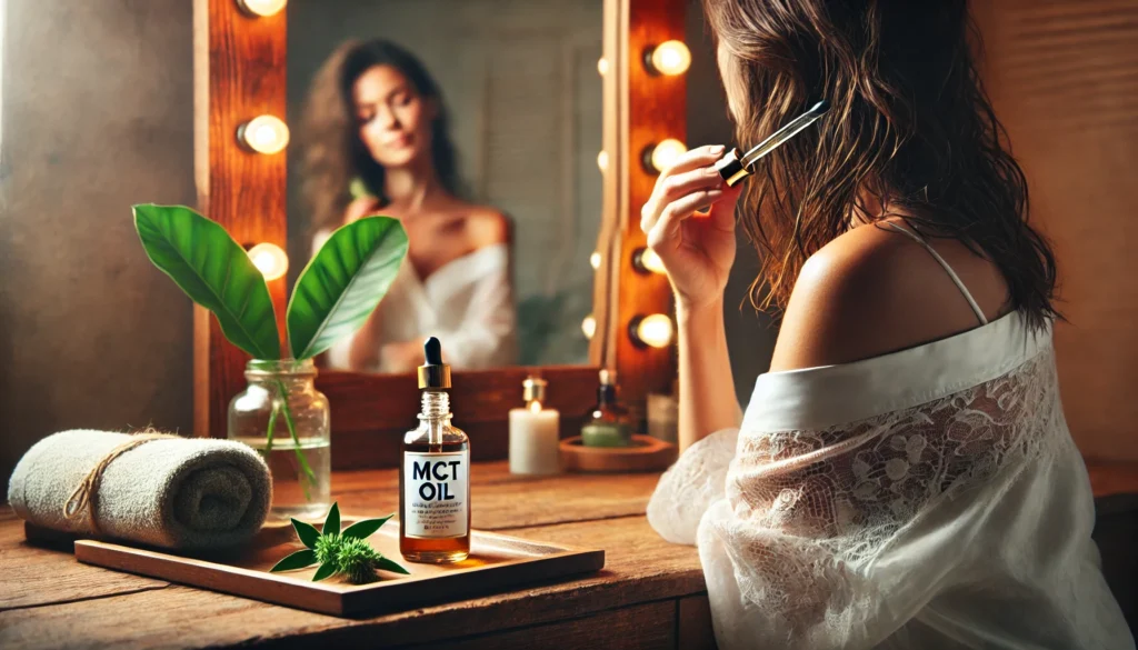 Woman applying MCT oil to hair using a dropper, illustrating MCT oil vs coconut oil benefits for hair and skin care