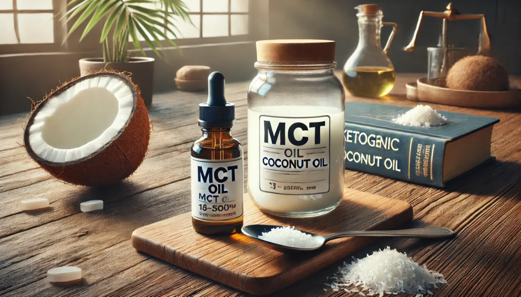 MCT oil vs coconut oil comparison with glass dropper and rustic jar on table, showing texture and color contrast