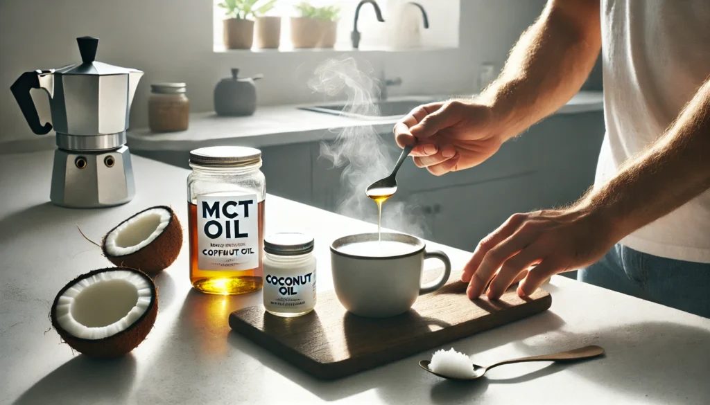 Person preparing coffee with MCT oil and coconut oil nearby, summarizing functional wellness use of MCT oil vs coconut oil