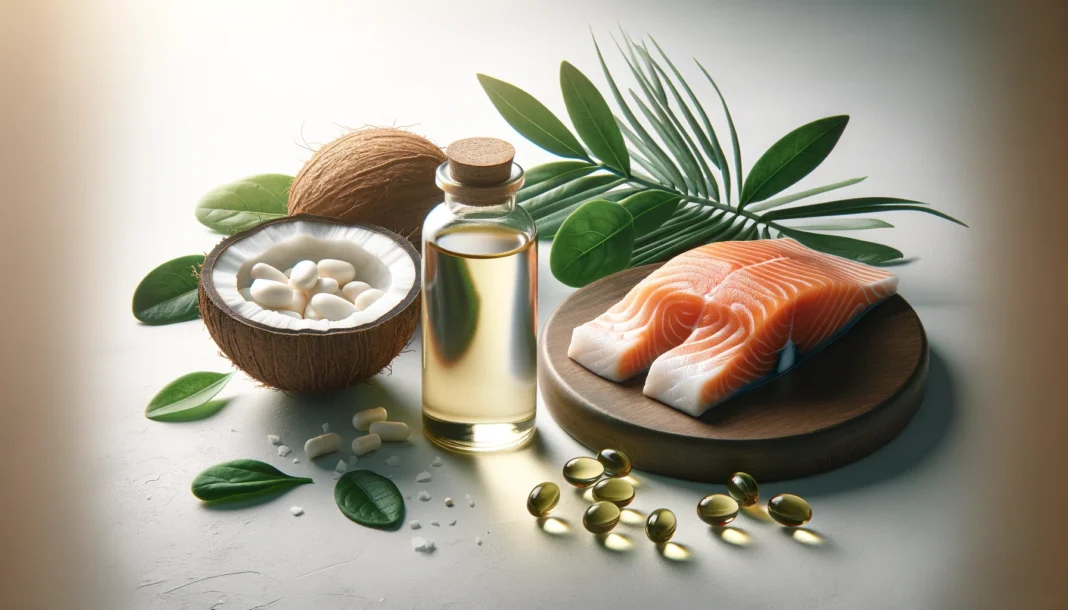 Side-by-side display of MCT oil and fish oil supplements with healthy food sources, illustrating MCT oil vs fish oil comparison