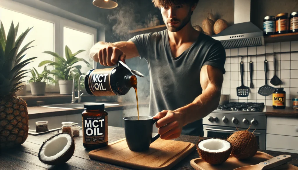 Person adding MCT oil into coffee during morning routine, highlighting fast-acting fat benefits of MCT oil vs fish oil